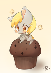 Size: 2000x2835 | Tagged: safe, artist:choyamy, imported from derpibooru, derpy hooves, pegasus, pony, blushing, chibi, female, food, muffin, solo, that pony sure does love muffins, tiny, tiny ponies