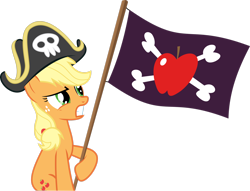 Size: 2804x2138 | Tagged: safe, artist:gamemasterluna, imported from derpibooru, applejack, earth pony, pony, pinkie apple pie, captain hat, female, flag, gritted teeth, hat, hoof hold, mare, no tail, pirate, pirate applejack, simple background, solo, transparent background, vector