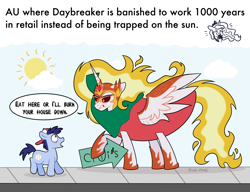 Size: 2000x1533 | Tagged: safe, artist:pink-pone, imported from derpibooru, daybreaker, princess luna, oc, alicorn, pony, :t, angry, colt, dialogue, fate worse than death, female, glare, gritted teeth, hoof hold, male, mare, open mouth, raised hoof, shocked, simple background, spread wings, sun, text, trolluna, white background, wide eyes, wings