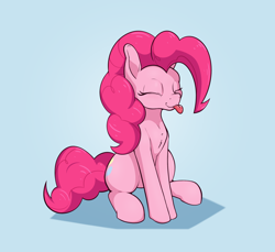 Size: 2400x2200 | Tagged: safe, artist:aquaticvibes, imported from derpibooru, pinkie pie, earth pony, pony, :p, blue background, cute, diapinkes, eyes closed, female, mare, ponk, silly, silly pony, simple background, sitting, smiling, solo, tongue out