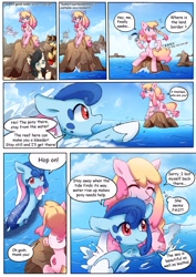 Size: 2480x3508 | Tagged: safe, artist:brony_festival, imported from derpibooru, oc, oc:electronia, oc:lyre wave, earth pony, pony, sea pony, comic:electrowave, china, duo, duo female, female, hug, mascot, open mouth, qingdao, qingdao brony festival, solo