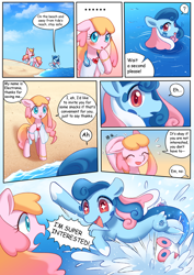 Size: 2480x3508 | Tagged: safe, artist:brony_festival, imported from derpibooru, oc, oc:electronia, oc:lyre wave, earth pony, pony, sea pony, comic:electrowave, beach, china, duo, duo female, eyes closed, female, mascot, open mouth, qingdao, qingdao brony festival, solo