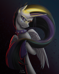 Size: 2544x3202 | Tagged: safe, artist:grayscalemlp, imported from derpibooru, daybreaker, princess celestia, pony, between dark and dawn, angry, mane of fire, mid-transformation, punklestia, raised hoof, signature, slit pupils, solo