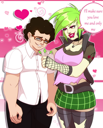Size: 2519x3118 | Tagged: safe, artist:ninalife31, imported from derpibooru, cherry crash, equestria girls, background human, breasts, busty cherry crash, chevan, cleavage, clothes, dialogue, female, floating heart, glasses, green hair, happy trance, heart, hypnosis, lip piercing, male, miniskirt, nose piercing, older, piercing, plaid skirt, shipping, skirt, speech bubble, swirly eyes, zettai ryouiki