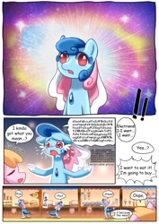 Size: 1240x1754 | Tagged: safe, artist:brony_festival, imported from derpibooru, oc, oc:electronia, oc:lyre wave, earth pony, pony, sea pony, comic:electrowave, china, crying, derp, duo, duo female, female, mascot, mur cat, open mouth, qingdao, qingdao brony festival, solo