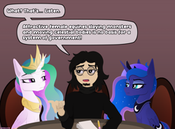 Size: 3773x2795 | Tagged: safe, artist:andaluce, imported from derpibooru, princess celestia, princess luna, alicorn, human, cover art, female, high res, jewelry, mare, monty python, monty python and the holy grail, regalia, simple background, speech bubble, unamused