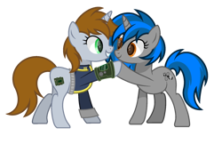 Size: 1700x1100 | Tagged: safe, artist:ponkus, imported from derpibooru, oc, oc only, oc:homage, oc:littlepip, pony, unicorn, fallout equestria, cute, duo, female, lesbian, mare, show accurate, simple background, transparent background