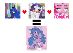 Size: 3547x2604 | Tagged: safe, imported from derpibooru, izzy moonbow, pinkie pie, princess luna, rarity, alicorn, earth pony, pony, unicorn, female, g4, g5, headcanon, implied futa, insane fan theory, izzy, lesbian, lunapie, magical lesbian spawn, offspring, parent:pinkie pie, parent:princess luna, parent:rarity, parents:lunapie, parents:rariluna, parents:raripie, rariluna, raripie, shipping