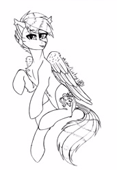 Size: 2620x3823 | Tagged: source needed, safe, artist:julia-sunlight, imported from derpibooru, oc, oc only, oc:dreamer skies, pegasus, pony, lineart, monochrome, pegasus oc, pony oc, simple background, solo, traditional art, wings