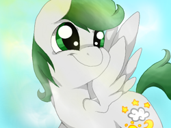 Size: 680x512 | Tagged: source needed, safe, artist:acinaces, imported from derpibooru, oc, oc only, oc:dreamer skies, pegasus, pony, feathered wings, green eyes, green mane, green tail, halfbody, happy, male, multicolored hair, multicolored mane, pegasus oc, silver coat, simple background, smiling, solo, spread wings, stallion, wings