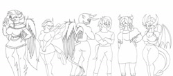 Size: 1280x562 | Tagged: safe, artist:gh0stzr01, artist:shadowthedarkninja, imported from derpibooru, gallus, ocellus, sandbar, silverstream, smolder, yona, oc, anthro, changedling, changeling, dragon, earth pony, griffon, hippogriff, yak, bedroom eyes, belly button, big breasts, breasts, busty changedling, busty ocellus, busty silverstream, busty smolder, busty yona, butt, clothes, crossed arms, digital art, dragon wings, dragoness, dress, female, gallass, group, horn, implied tail hole, jewelry, lizard breasts, looking at you, looking back, looking back at you, male, midriff, monochrome, necklace, one eye closed, pants, peace sign, rear view, shirt, simple background, sketch, skirt, spread wings, student six, tail, thighs, white background, wide hips, wings