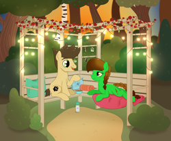 Size: 2362x1955 | Tagged: safe, artist:dyonys, imported from derpibooru, oc, oc:lucky brush, oc:night chaser, earth pony, apple, apple tree, bench, birch, birch tree, blanket, bowl, braid, bush, fairy lights, female, flower, food, freckles, looking at each other, luckychaser, lying down, male, mare, married couple, married couples doing married things, peanuts, photo, pillow, rose, sitting, stallion, sundown, talking, tree, water bottle, wingding eyes