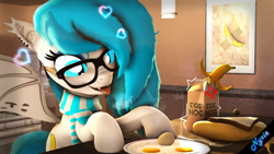 Size: 3840x2160 | Tagged: safe, artist:xenia-amata, imported from derpibooru, oc, oc:xenia amata, 3d, banana, breakfast, cute, drool, drool string, eggshell, fluffy, food, glasses, source filmmaker