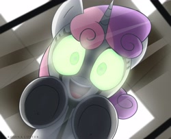 Size: 4096x3331 | Tagged: safe, artist:melanyoprisdraws, artist:opal_radiance, imported from derpibooru, sweetie belle, pony, robot, robot pony, unicorn, cute, diasweetes, female, filly, glowing eyes, looking at you, open mouth, solo, sweetie bot, table, underhoof