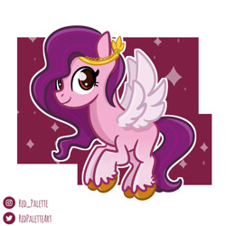 Size: 1280x1280 | Tagged: safe, artist:redpalette, imported from derpibooru, pipp petals, pegasus, pony, spoiler:g5, abstract background, adorapipp, cute, female, flying, g5, instagram, looking at you, mare, meta, pipp, smiling, solo, text, twitter, twitter link, unshorn fetlocks, wings