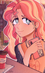 Size: 600x964 | Tagged: safe, artist:latiatonta, imported from derpibooru, sunset shimmer, equestria girls, bust, cellphone, coffee, digital art, ear piercing, earring, jewelry, phone, piercing, portrait