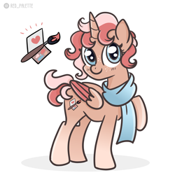 Size: 1200x1200 | Tagged: safe, artist:redpalette, imported from derpibooru, oc, alicorn, alicorn oc, clothes, commission, cute, cutie mark, horn, scarf, smiling, wings