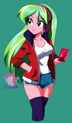 Size: 2558x4387 | Tagged: safe, artist:danmakuman, imported from derpibooru, lemon zest, equestria girls, breasts, cellphone, cleavage, clothes, female, green background, headphones, jacket, obtrusive watermark, phone, shorts, simple background, socks, solo, stockings, thigh highs, watermark, zettai ryouiki