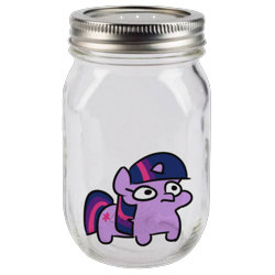 Size: 1628x1628 | Tagged: safe, artist:jargon scott, edit, editor:piro_pie, imported from derpibooru, twilight sparkle, pony, unicorn, adventure in the comments, frightened, implied cum jar, jar, lewd container meme, simple background, solo, squatpony, this will not end well, transparent background, twiggie