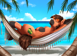 Size: 3509x2550 | Tagged: safe, artist:pridark, imported from derpibooru, oc, oc only, pony, beach, chest fluff, commission, eyes closed, hammock, island, ocean, palm tree, patreon, patreon reward, relaxing, sand, solo, sunglasses, tree