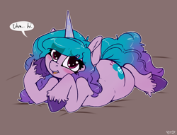 Size: 2350x1800 | Tagged: safe, artist:skoon, imported from derpibooru, izzy moonbow, pony, unicorn, spoiler:g5, ass, blushing, butt, dialogue, female, g5, heart eyes, izzy, looking at you, mare, plot, shy, solo, talking to viewer, text, the ass was fat, thicc ass, wingding eyes