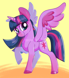 Size: 1274x1432 | Tagged: safe, artist:ppistachioo, imported from derpibooru, twilight sparkle, alicorn, pony, cloven hooves, cute, eye clipping through hair, female, horn, raised hoof, smiling, solo, spread wings, twiabetes, twilight sparkle (alicorn), wings