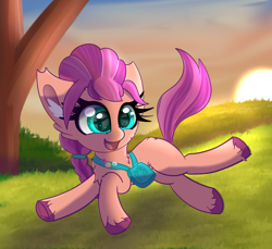 Size: 4754x4360 | Tagged: safe, artist:windykirin, imported from derpibooru, sunny starscout, earth pony, pony, spoiler:g5, absurd resolution, bag, braid, chest fluff, colored hooves, cute, ear fluff, female, fluttershy's cutie mark, g5, grass, head turned, long eyelashes, mare, open mouth, outdoors, pin, pins, prancing, rainbow dash's cutie mark, running, shoulder bag, smiling, solo, sunnybetes, sunset, three quarter view, tree, turned head, twilight sparkle's cutie mark, unshorn fetlocks