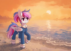 Size: 2032x1462 | Tagged: safe, artist:koviry, imported from derpibooru, part of a set, oc, oc only, pegasus, pony, beach, commission, raised hoof, scenery, smiling, solo, sun, water, ych result