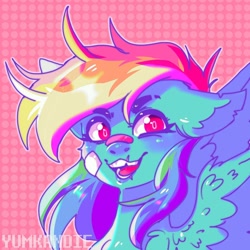 Size: 1080x1080 | Tagged: safe, artist:yumkandie, imported from derpibooru, part of a set, rainbow dash, pegasus, pony, bandaid on nose, bust, colored pupils, eyebrows, nose bandaid, scar, solo