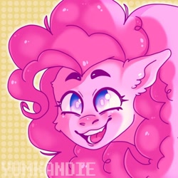 Size: 1080x1080 | Tagged: safe, artist:yumkandie, imported from derpibooru, part of a set, pinkie pie, earth pony, pony, bust, cheek fluff, colored pupils, eyebrows, solo