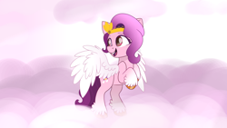 Size: 3416x1921 | Tagged: safe, artist:enviaart, artist:envygirl95, imported from derpibooru, pipp petals, pegasus, pony, spoiler:g5, cloud, colored wings, female, g5, looking back, mare, open mouth, pipp, solo, spread wings, unshorn fetlocks, wings