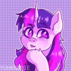 Size: 1080x1080 | Tagged: safe, artist:yumkandie, imported from derpibooru, part of a set, twilight sparkle, pony, bust, colored pupils, eyebrows, eyebrows visible through hair, hoof fluff, hoof on chin, solo