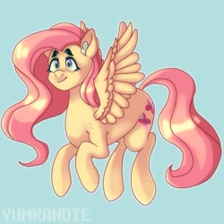 Size: 899x899 | Tagged: safe, artist:yumkandie, imported from derpibooru, fluttershy, pegasus, pony, ear fluff, eyebrows, simple background, solo, teal background