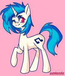 Size: 627x730 | Tagged: safe, artist:yumkandie, imported from derpibooru, dj pon-3, vinyl scratch, pony, unicorn, eyebrows, no pupils, one eye closed, one hoof raised, pink background, raised hoof, simple background, solo, wink