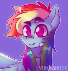 Size: 1080x1122 | Tagged: safe, artist:yumkandie, imported from derpibooru, rainbow dash, pegasus, pony, bandaid on nose, bust, eyebrows, eyebrows visible through hair, no pupils, nose bandaid, purple background, scar, simple background, solo, torn ear