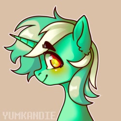 Size: 1080x1080 | Tagged: safe, artist:yumkandie, imported from derpibooru, lyra heartstrings, pony, unicorn, bust, colored pupils, eyebrows, eyebrows visible through hair, profile, simple background, solo, tan background