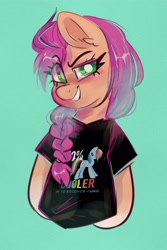 Size: 2000x3000 | Tagged: safe, artist:goshhhh, imported from derpibooru, rainbow dash, sunny starscout, anthro, earth pony, pony, semi-anthro, spoiler:g5, 20% cooler, braid, brony shirt, clothes, eye clipping through hair, eyebrows, eyebrows visible through hair, fangirl, female, g5, green background, grin, high res, in-universe pegasister, looking at you, mare, shirt, simple background, smiling, smiling at you, solo, t-shirt, white pupils