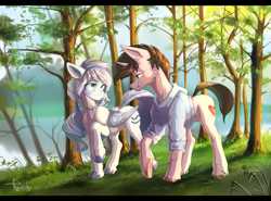 Size: 3507x2600 | Tagged: safe, artist:crazy-leg, artist:tkachenko, imported from derpibooru, oc, oc only, oc:pearl wind, oc:sucata, pegasus, pony, unicorn, clothes, female, leaves, looking at each other, love, male, mare, scenery, signature, smiling, stallion, summer, tree