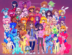 Size: 3111x2378 | Tagged: safe, artist:yumkandie, imported from derpibooru, bon bon, dj pon-3, fluttershy, lyra heartstrings, pinkie pie, rainbow dash, sweetie drops, vinyl scratch, big cat, earth pony, human, inkling, lion, pegasus, pony, robot, temmie, unicorn, ;p, adventure time, aggretsuko, arm around neck, catra, cheek fluff, chest fluff, clothes, converse, crossover, crown, danganronpa, danganronpa 2, doki doki literature club, entrapta, eyebrows, female, fenneko, fionna, floppy ears, george harrison, group, hat, hatsune miku, hoodie, jenny wakeman, jewelry, kill la kill, lapis lazuli (steven universe), lesbian, mako mankanshoku, male, marina, marina (splatoon 2), megurine luka, mikan tsumiki, my life as a teenage robot, nala, natsuki, no pupils, off the hook, one eye closed, pants, pearl, pearl (splatoon 2), peridot (steven universe), pokémon, pokémon trainer, princess daisy, princess peach, raven (dc comics), raven (teen titans), regalia, retsuko, ringo starr, ryuko matoi, sgt. pepper's lonely hearts club band, she-ra, she-ra and the princesses of power, shirt, shoes, shorts, socks, spinel (steven universe), splatoon, splatoon 2, starfire, steven universe, super mario bros., teen titans, the beatles, the lion king, thigh highs, tiara, tongue out, undertale, vocaloid, yuri (ddlc)