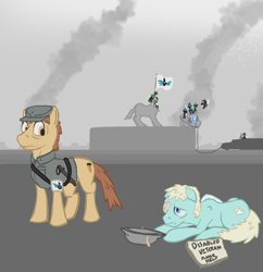 Size: 1248x1290 | Tagged: safe, artist:tofuslied-, imported from derpibooru, changeling, pony, equestria at war mod, armband, beggar, beginner artist, clothes, debunked, eyepatch, flag, floppy ears, headless, lying down, nightstick, prone, statue, uniform