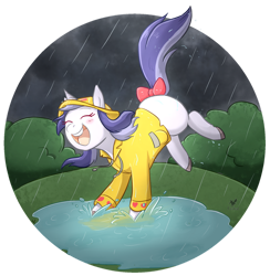 Size: 1024x1049 | Tagged: safe, artist:foxhatart, imported from derpibooru, oc, oc only, oc:violet, pony, unicorn, bow, female, hat, mare, puddle, rain, solo, tail bow