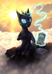 Size: 1169x1654 | Tagged: safe, artist:calena, imported from derpibooru, oc, oc only, oc:tarsi, changeling, book, changeling oc, cloud, commission, cute, glasses, grin, lens flare, magic, mountain, sitting, smiling, solo, sun, ych result