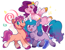 Size: 2231x1730 | Tagged: safe, artist:babypaste, artist:goatpaste, imported from derpibooru, izzy moonbow, pipp petals, sunny starscout, earth pony, pegasus, pony, unicorn, spoiler:g5, female, g5, izzy, leonine tail, mare, open mouth, pipp, raised hoof, simple background, tail, unshorn fetlocks, white background