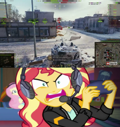 Size: 817x864 | Tagged: safe, artist:edy_january, edit, edited screencap, imported from derpibooru, screencap, fluttershy, sunset shimmer, equestria girls, equestria girls series, game stream, spoiler:eqg series (season 2), comparison, duo, duo female, female, heavy tank, kv-4, meme, online game, open mouth, streaming, sunset shimmer frustrated at game, tank (vehicle), tell me what you need, video game, world of tanks, world of tanks blitz