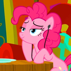 Size: 512x512 | Tagged: safe, edit, edited screencap, imported from derpibooru, screencap, pinkie pie, earth pony, pony, spice up your life, female, headphones, mare, plate, sitting, smiling, solo