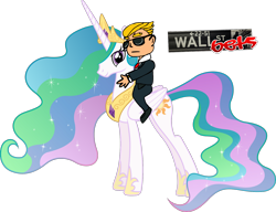 Size: 1600x1226 | Tagged: artist needed, source needed, useless source url, safe, imported from derpibooru, princess celestia, alicorn, human, faustian style art, gamestop, mascot, riding, vector, wallstreetbets