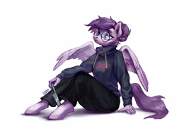 Size: 3612x2728 | Tagged: safe, artist:lunnita_pony, imported from derpibooru, oc, oc only, oc:vylet, anthro, pegasus, unguligrade anthro, clothes, glasses, hoodie, knife, solo
