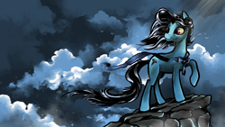 Size: 1920x1080 | Tagged: safe, artist:metanagon, imported from derpibooru, screw loose, earth pony, pony, cloud, commission, crying, female, flowing mane, hoof hold, mare, solo, teary eyes