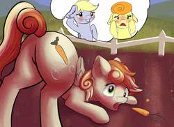 Size: 2688x1957 | Tagged: safe, artist:shaliwolf, imported from derpibooru, carrot top, derpy hooves, golden harvest, oc, oc:clumsy carrot, earth pony, pegasus, pony, adorable face, background, butt, carrot, commissioner:bigonionbean, cute, cutie mark, embarrassed, extra thicc, female, flank, floppy ears, food, fusion, fusion:carrot top, fusion:clumsy carrot, fusion:derpy hooves, fusion:golden harvest, garden, i just don't know what went wrong, mare, maw, open mouth, plot, shocked, surprised, thought bubble, writer:bigonionbean