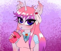Size: 2000x1670 | Tagged: safe, artist:cali luminos, imported from derpibooru, oc, oc only, anthro, unicorn, abstract background, bust, drinking, eyelashes, horn, my little pony, solo, unicorn oc